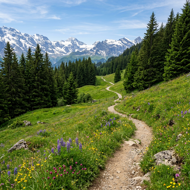 Scenic mountain hiking trail winding through lush green alpine meadows with wildflowers, towering pine forests on both sides, distant snow-capped peaks in background, clear blue sky, professional landscape photography